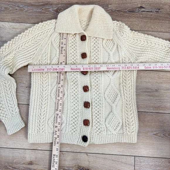 VTG Irish Aran Thick Chunky Cardigan Sweater Fisherman Cable-Knit Wool Handmade - Picture 3 of 10